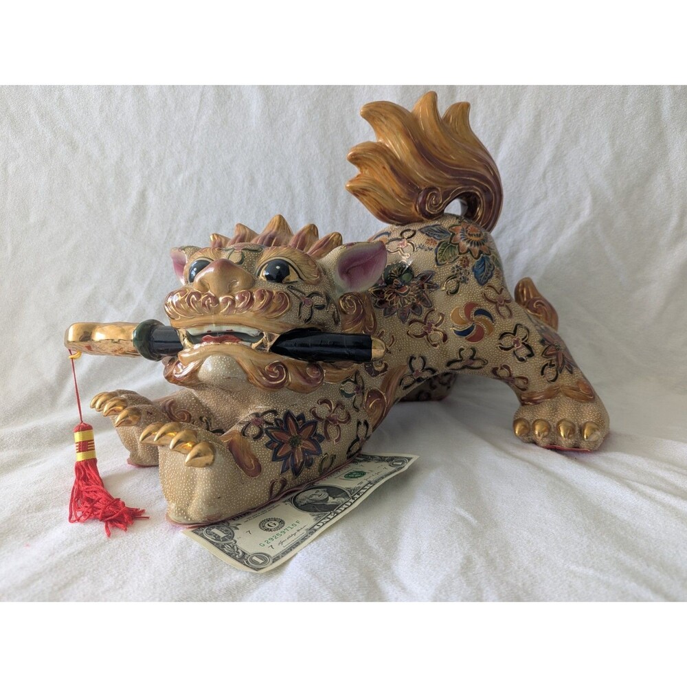 Vintage Kutani Moriage Japanese Foo Dog Shishi Lion Sword 12" Porcelain Statue